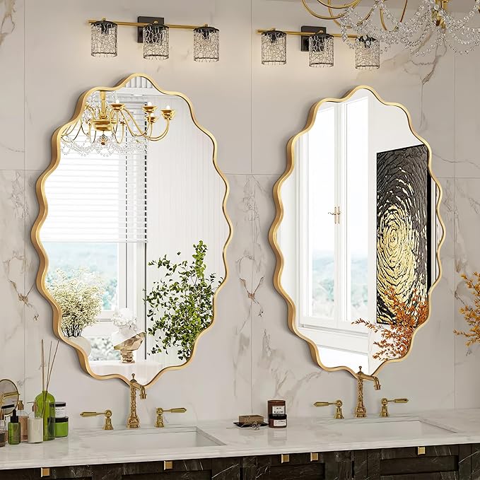 Oval Wavy Mirror - Irregular Wall Mirror 24"x36" Gold Asymmetrical Aviation Aluminum Alloy Frame for Bathroom, Bedroom, Living Room, Cloakroom, Entryway
