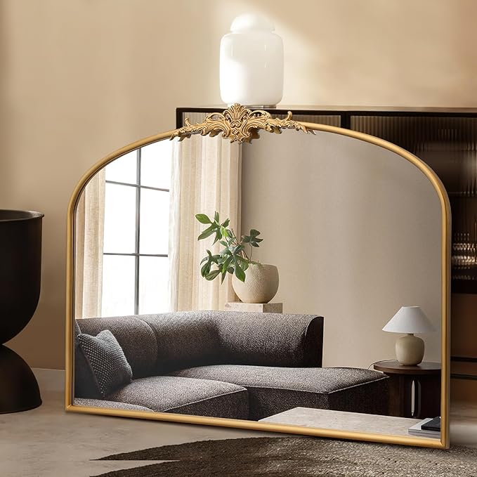 Antique Arched Gold Mirror: 40"x30" Large Gleaming Gold Vintage Wall Mounted Mirror - Baroque Traditional Ornate for Fireplace/Bathroom/Living Room - Home Decor for Homemakers