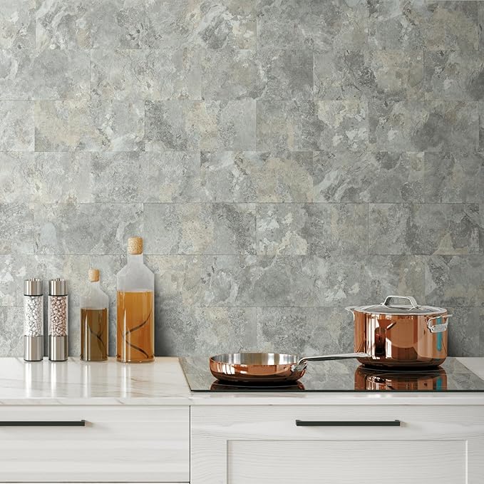 AULIGET 2-Piece Peel and Stick Backsplash Wall Tiles, 6" x 12" Grey & Beige Slate PVC Faux Stone Stick on Tiles for Backsplash Kitchen