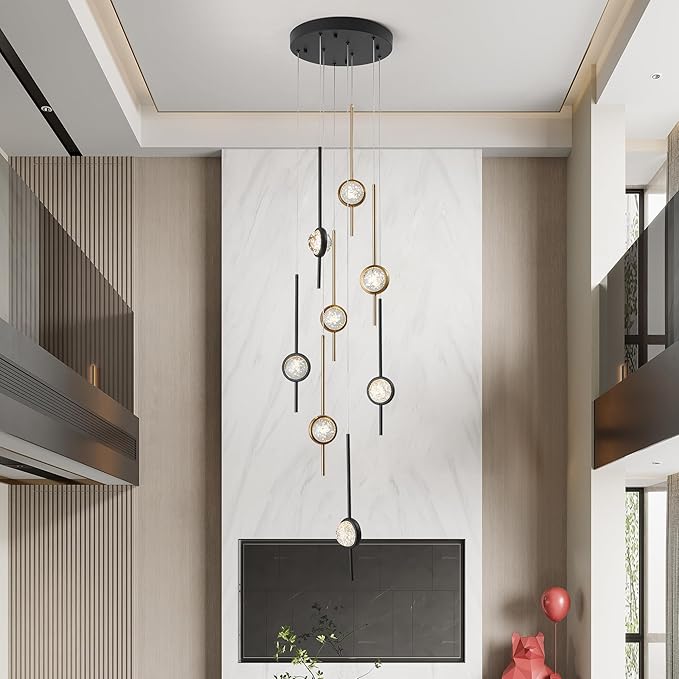 8-Light Chandelier,Crystal Globe Ball Bubble Chandelier with Special Black Gold pins.Black and Gold Chandelier for Spiral Staircase, Foyer, Entryway,High Ceiling (24W)