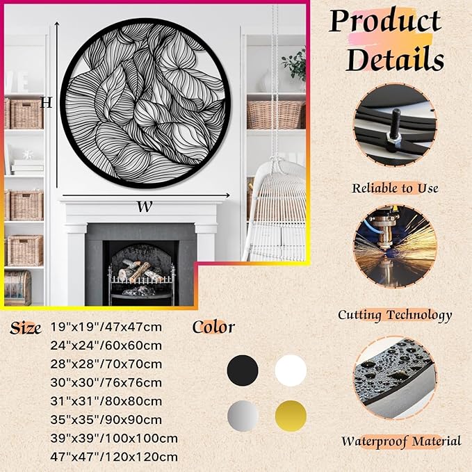 Abstract Lines Metal Wall Decor, Round Metal Wall Art, Line Art Wall Decor, Metal Abstract Wall Art, Metal Irregular Wall Hanging, Geometric Art, Metal Wall Art for Living Room (White, 30"x30"/76x76cm, metal wall art)