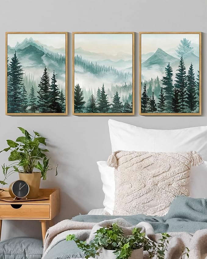 KUVIOKE Fog Pine Tree Mountain Landscape Framed Wall Art Watercolor Nature Misty Forest Painting Vintage Farmhouse Rustic Wall Decor for Bedroom Hallway 11x14in (Natural Framed)
