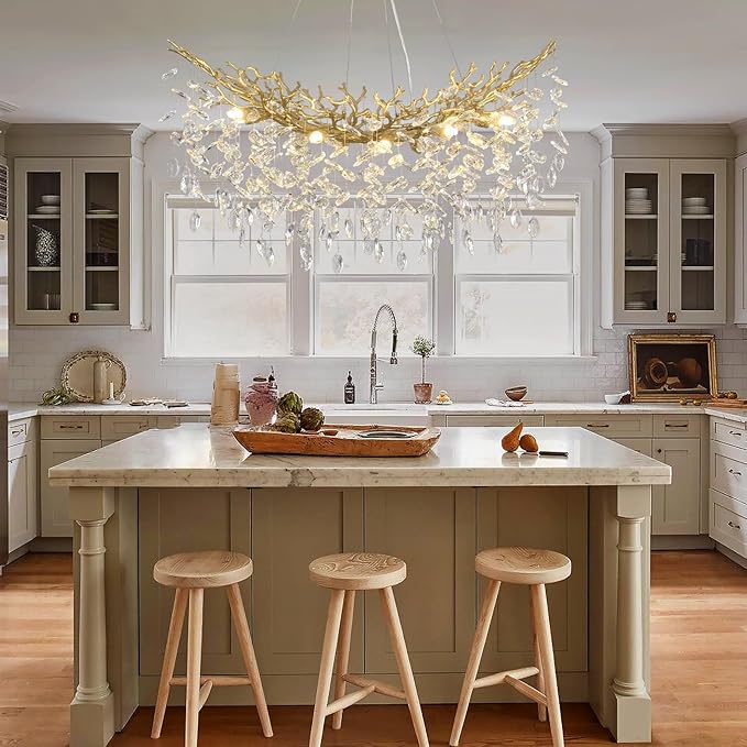 L36inch Crystal Rectangle Chandelier for Dining Room, Gold Tree Branch Chandeliers Over Table, Top K9 Crystal Modern Chandeliers for Kitchen Island,Dining Table,Luxury Rectangular Chandelier