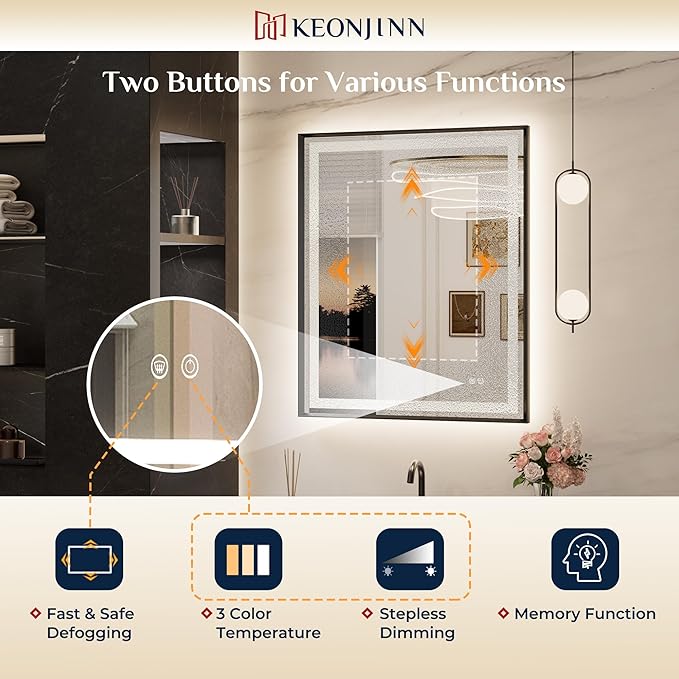 Keonjinn Black LED Mirror for Bathroom 24 x 30 Inch, Frontlit & Backlit Bathroom Vanity Mirror with Lights, HD Tempered Glass, UL Listed LED Driver, Beveled Framed, 3 Color Lights, Anit-Fog, Dimmable