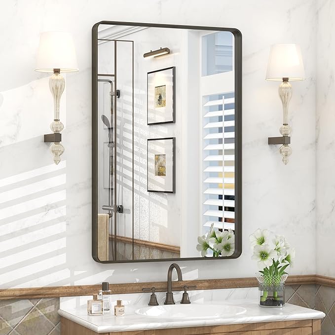 24x36 Inch Bronze Framed Bathroom Mirror, Rectangle Brushed Bronze Metal Vanity Mirror, Small Modern Wall Mirror, Rounded Corner, Tempered Glass, Anti-Rust, Shatterproof (Horizontal/Vertical)