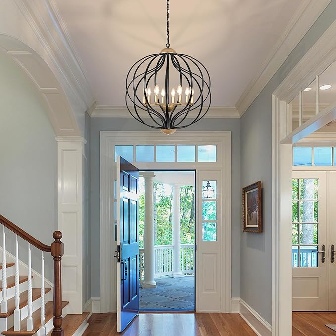 Black and Gold Chandeliers for Dining Room,25.6" Large Sphere Chandelier,8-Light Geometric Modern Farmhouse Pendant Light Orb Metal Industrial Chandelier for Foyer Entryway Stairway Living Room