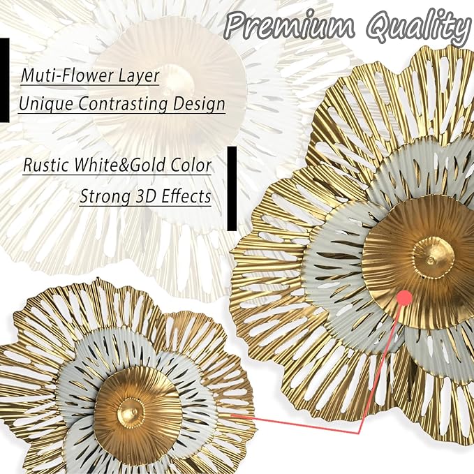 10" Metal Flower Wall Art Decor, Rustic Modern Floral Sculpture, Distressed Iron Wall Hanging Home Decoration Accent Artworks for Indoor Kitchen Bedroom Living Office Outdoor Garden Patio (36B-Gold)