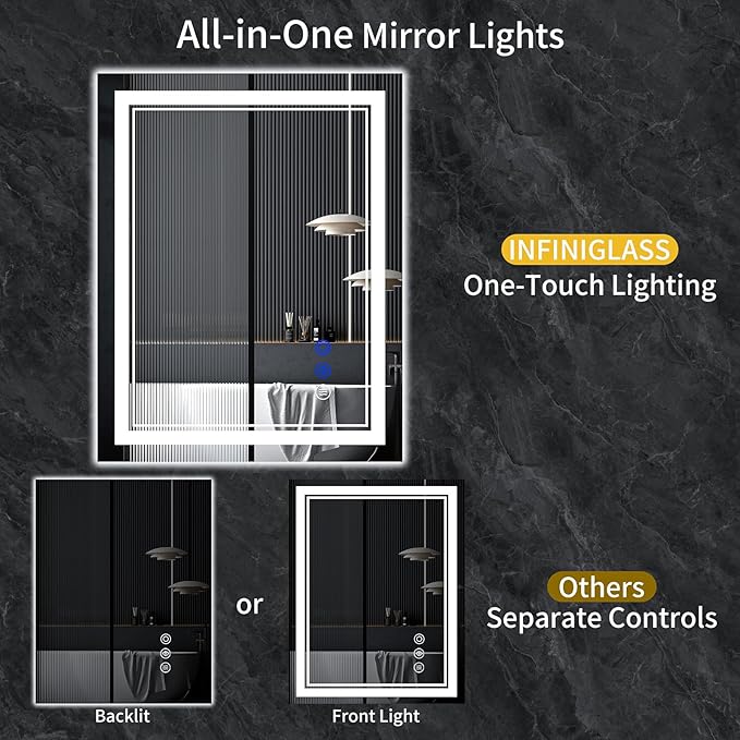 38"x26" LED Bathroom Mirror with Anti-Fog, Stepless Dimmable Lights, 3 Color Modes, Shatter-Proof Tempered Glass, Memory Function & Waterproof Design
