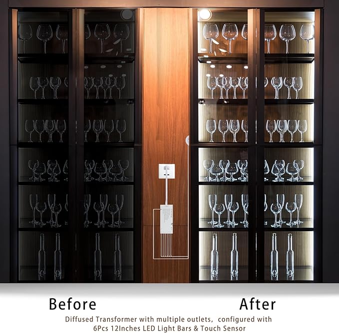 12" V-Shape Diffused LED Strip Light Bars Kit,Aluminum Channel Lights with Touch Sensor for Under Cabinet,Gun Safe,Closet,Under Counter,Book Shelf,Display Showcase,6000K White,6Pack