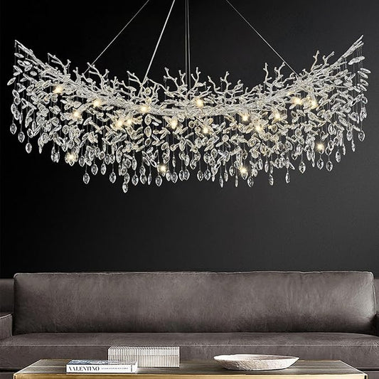 Modern Crystal Chandelier, 63" Large Rectangular Chandeliers for Dining Room Silver Tree Branch Chandeliers Over Table, 16 Lights High Ceiling Chandelier for Living Room Foyer