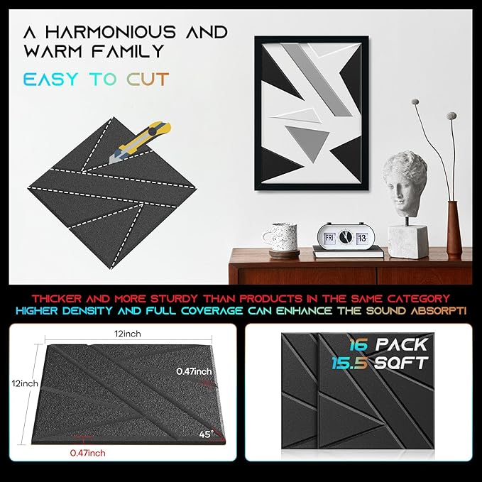 16 Pack Self-Adhesive Soundproof Wall Panels, 12 x 12 x 0.47 in Sound Proof Foam Panels for Walls, 1.2lb/ft³ High Density, Thicker 0.47in, Acoustic Panels, Noise Dampening Panels Studio Black