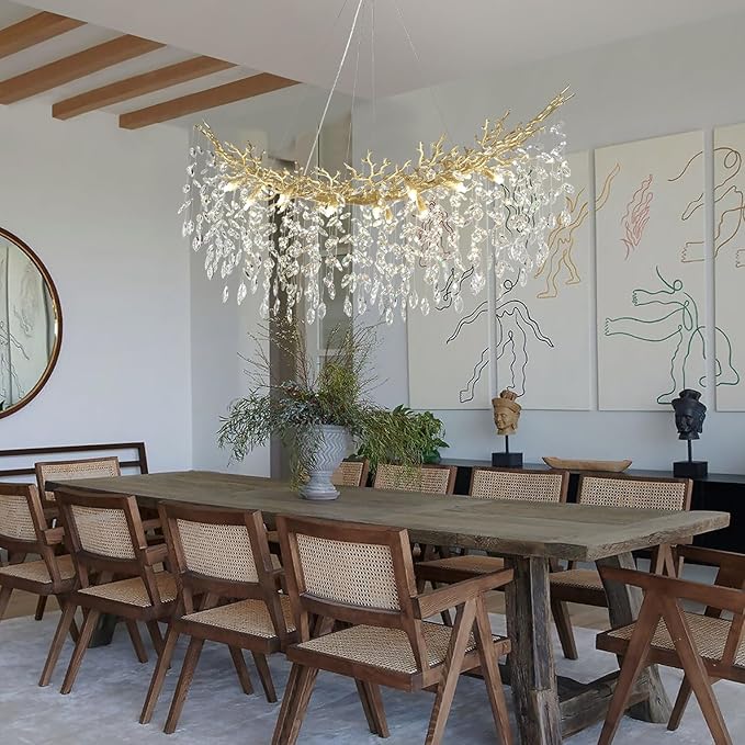 55inch Crystal Rectangle Chandelier for Dining Room, Gold Tree Branch Chandeliers Over Table, Top K9 Crystal Modern Chandeliers for Kitchen Island,Dining Table,Luxury Rectangular Chandeliers