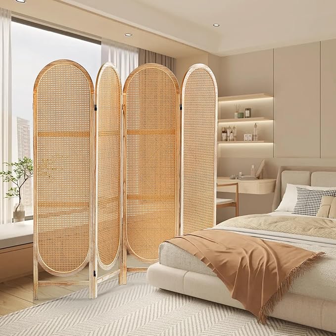 4 Panels Room Dividers Panel, Hand-Woven Rattan Room Divider Wall, Wood Room Divider and Folding Privacy Screens, Freestanding Room Partitions Screen for Home Office Bedroom, Light Brown