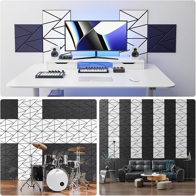18 pack Acoustic Panels With Self-Adhesive, 12"X 12"X 0.4"Sound Proof Foam Panels, Sound Panels High Density, Soundproof Wall Panels for Home Studio Office- BlackBase + WhiteFace V1