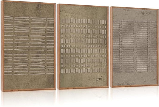 Aryroi Large Abstract Brown Beige Framed Canvas Wall Art,Modern Lines Dots Wall Decor,Boho Neutral Minimalist Artwork,Mid Century Geometric Art Print for Living Room,Bedroom,Office- 24"x36"x3
