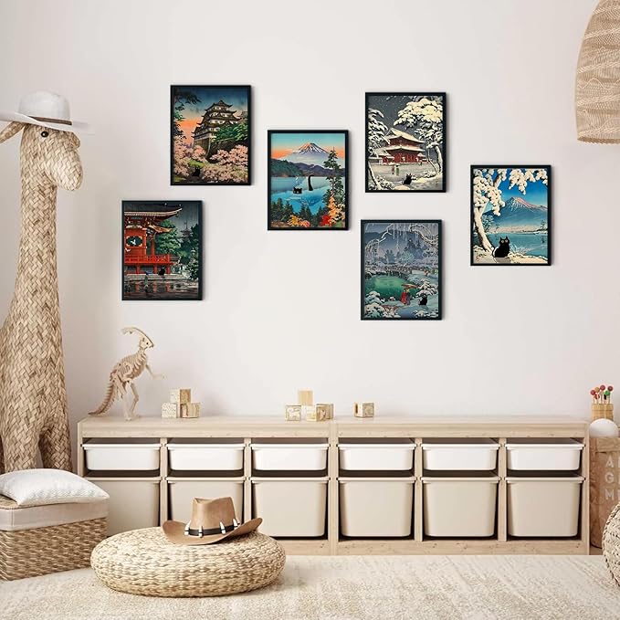 6 pcs Japanese Black Cat Wall Art Cute Japan Traditional Tsuchiya Koitsu Posters Prints Ukiyoe Japan Landscape Canvas Painting Vintage Colorful Japanese Pictures Wall Decor 12x16in Unframed