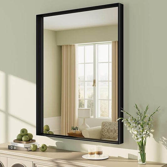 24x32 Inch Black Metal Framed Wall Mirror for Wall, Matte Black Rectangle Mirror, Bathroom Vanity Mirror with Square Corner, Anti-Rust (Horizontal/Vertical)
