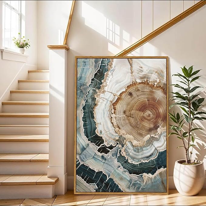 BingruiArt Large Framed Tree Ring Wall Art Wood Canvas Colorful Boho Wall Decor Rustic Artwork Abstract Painting Farmhouse Picture Nature Print for Living Room Bedroom Bathroom 24"x36" Natural Framed(06)