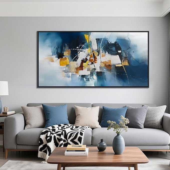 Abstract Canvas Wall Art Navy Blue Wall Art for Living Room Framed Modern Artwork for Walls, Above Bed Wall Decor Navy and Gold for Bedroom and Living Room Office Pictures Wall Decor 24×48IN