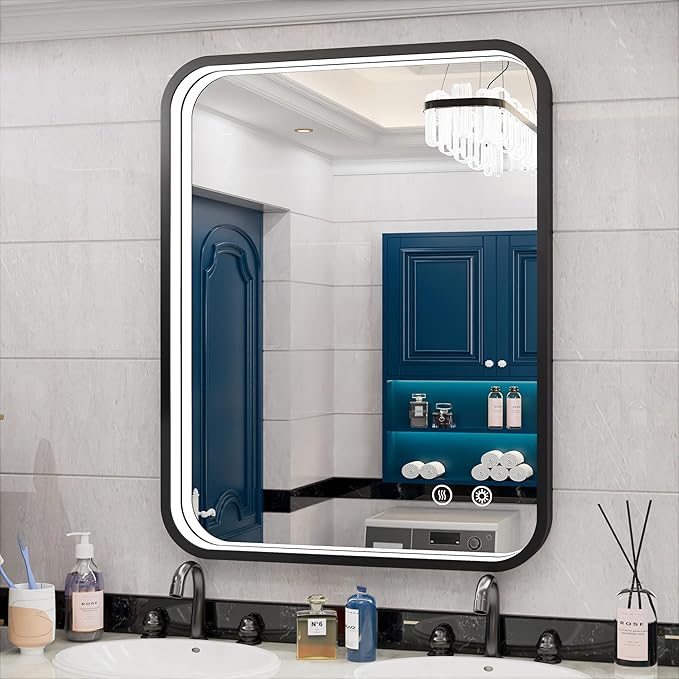 28x36 Inch Black LED Bathroom Mirror - 3 Color Lights (3000K/4500K/6000K), Wall Mounted Lighted Vanity Mirror for Bathroom, Stepless Dimmable, Anti-Fog, Memory Function, Horizontal/Vertical