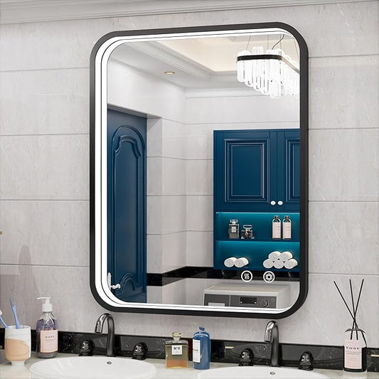28x36 Inch Black LED Bathroom Mirror - 3 Color Lights (3000K/4500K/6000K), Wall Mounted Lighted Vanity Mirror for Bathroom, Stepless Dimmable, Anti-Fog, Memory Function, Horizontal/Vertical