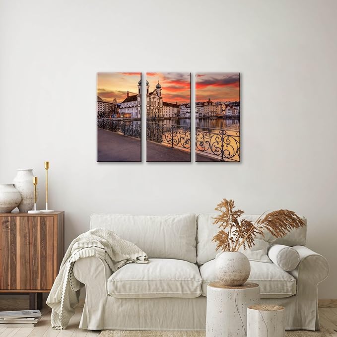 3Pcs European Cityscape Canvas Wall Art Scenic Sunset Over River Cathedral with Domes Lucerne-Inspired Architecture Romantic Travel Destination Decorative Framed Artwork for Living Rooms Bedrooms