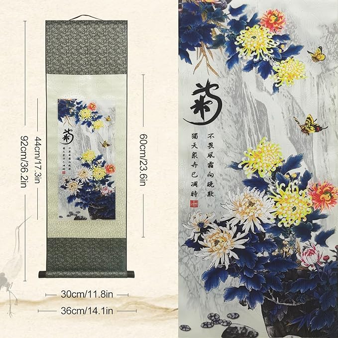 AtfArt Asian Wall Decor Beautiful Silk Scroll Painting 4 Righteous Men Flowers - Plum Orchid Bamboo Chrysanthemum Oriental Decor Chinese Art Wall Scroll Hanging Painting Scroll (Chrysanthemum)