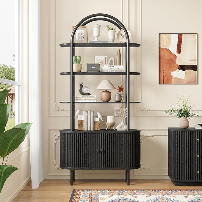 71" Tall Bookshelf, Bookcase, 4-Tier Book Shelf with Storage Cabinet, Curved Metal Frame Bookcase, Freestanding Industrial Storage Display Shelving for Living Room Office Bedroom, Black