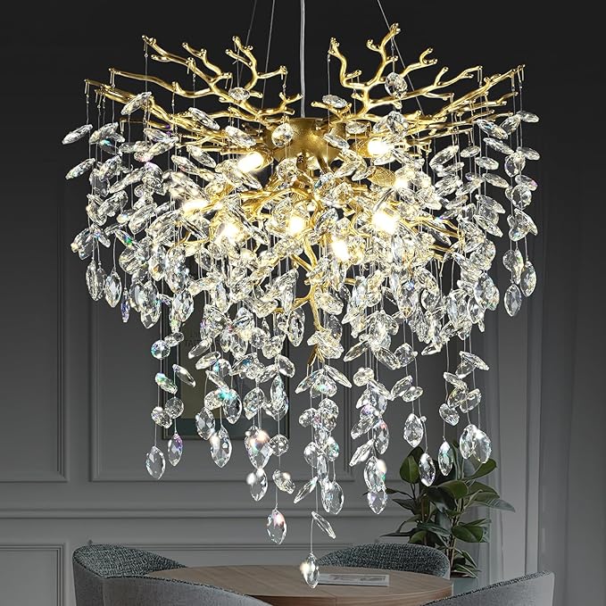 24 inch Crystal Chandelier for Dining Room, Round Gold Tree Branches Chandeliers, Top K9 Crystal Chandelier, Modern Chandeliers for Kitchen,Foyer Entryway,Luxury Adjustable Hanging Chandeliers