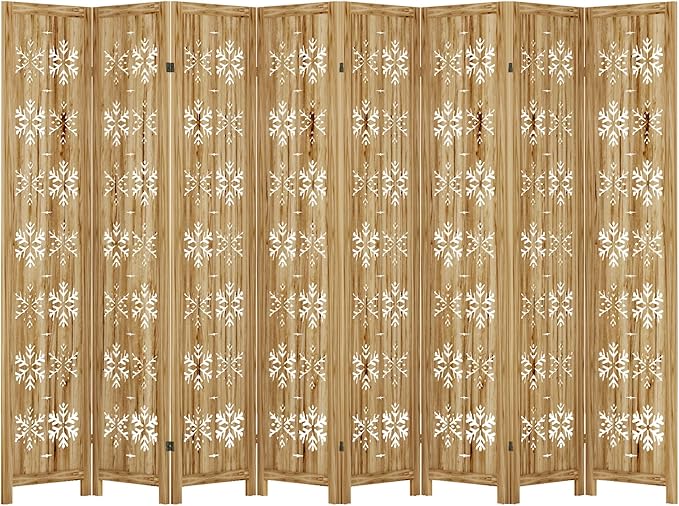 Casaphoria 8 Panels Room Divider, Folding Screen Room Divider with Snowflake Pattern for Home Office, Restaurant and Bedroom, Paulownia Wood, 127" W x 67" H (Natural)