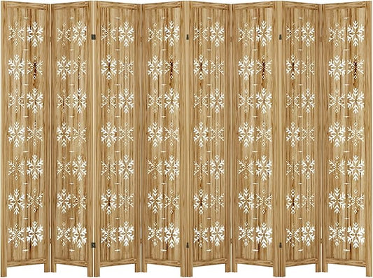 Casaphoria 8 Panels Room Divider, Folding Screen Room Divider with Snowflake Pattern for Home Office, Restaurant and Bedroom, Paulownia Wood, 127" W x 67" H (Natural)