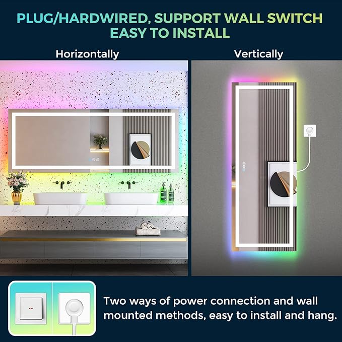 96x36 Inch RGB LED Bathroom Mirror Front Light and RGB Backlit Lighted Vanity Mirror for Bathroom Wall Mounted Dimmable Anti Fog Memory Shatter-Proof IP54 Waterproof Horizontal/Vertical