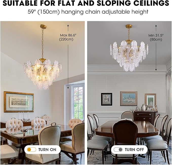 7PM Modern Gold Glass Chandelier, 5-Layer Antique Crystal Chandeliers 12 Light Round Pendant Ceiling Fixture 59" Hanging Adjustable Chain for Foyer, Living Room, Bedroom, Dining Room 27.5 inch