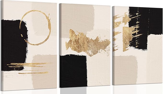 3pcs Framed Black Gold Abstract Wall Art Bohemian Simple Geometric Canvas Poster Print Modern Beige Picture Painting Wall Decor for Living Room Bedroom Office Decoration