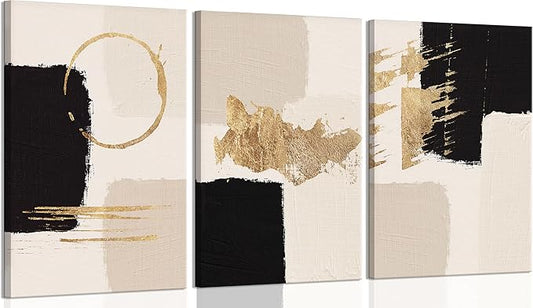 3pcs Framed Black Gold Abstract Wall Art Bohemian Simple Geometric Canvas Poster Print Modern Beige Picture Painting Wall Decor for Living Room Bedroom Office Decoration