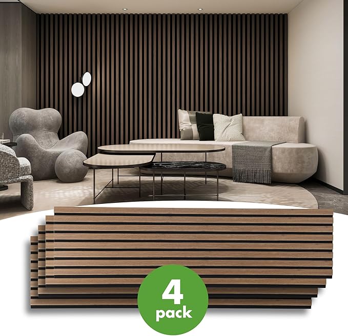 Art3d 4-Pack 12" x 93" Soundproof Wood Slat Panels, 31 sq.ft Acoustic Wall Panels, 3D Wall Panels with Wood Slat Design, Decorative Wood Wall Panel for Accent Walls-Deep Walnut