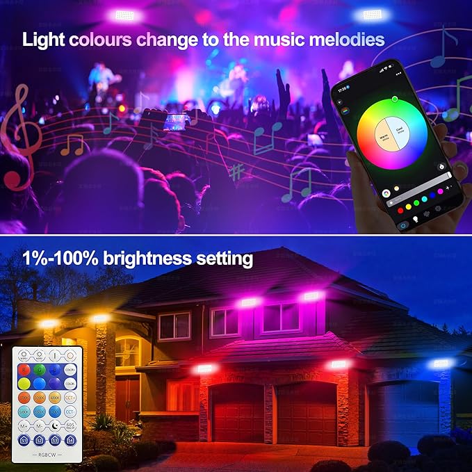 Smart Flood Light, Outdoor LED Light Bar, RGBCW Color Changing, 2700K-6500K Dimmable, IP65 Waterproof, App & Voice Control, Music Sync, Group Timer, Wall Washer Landscape Spotlight