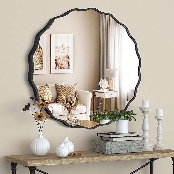 Black Round Mirror for Wall, 32"x32" Decorative Wavy Bathroom Mirror with Brushed Alloy Steel Frame & Shatter-Proof Glass, Hanging Circle Wall Mirrors for Bathroom, Entryway, Bedroom