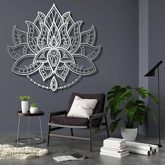 Mandala Wall Decor, Lotus Flower Metal Wall Art, Metal Mandala Wall Art, Metal Wall Decor, Metal Flowers Wall Decor, Metal Lotus, Spiritual Wall Decor, Lotus Flower Decor (27"W x 25"H / 68 x 64 cm, silver)