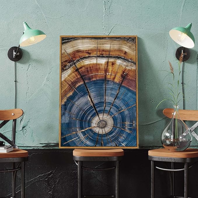 BingruiArt Framed Tree Ring Canvas Wall Art Abstract Wood Wall Decor Boho Modern Colorful Nature Painting Wood Stump Prints Pictures for Living Room Bedroom Bathroom Office 16"x24" Natural Framed(02)