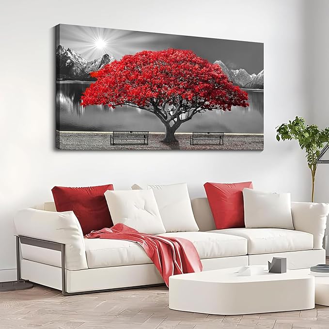 Mofutinpo Black and White Red Tree Wall Art Canvas Print Picture Large Red Tree Landscape Modern Artwork for Living Room Bedroom Office Home Wall Decor With Frame 24X48inch