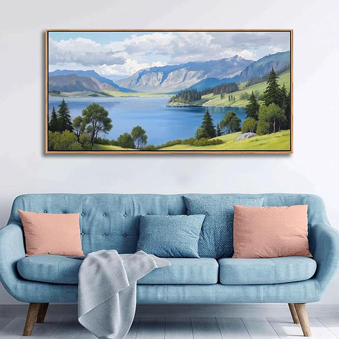 Landscape Wall Art for Living Room - with Mountain and Lake Scenery Pictures Wall Decor Large Canvas Wall Art, Forest and Nature Wall Decor for Bedroom, Green Artwork Prints for Above Bed 24×48IN