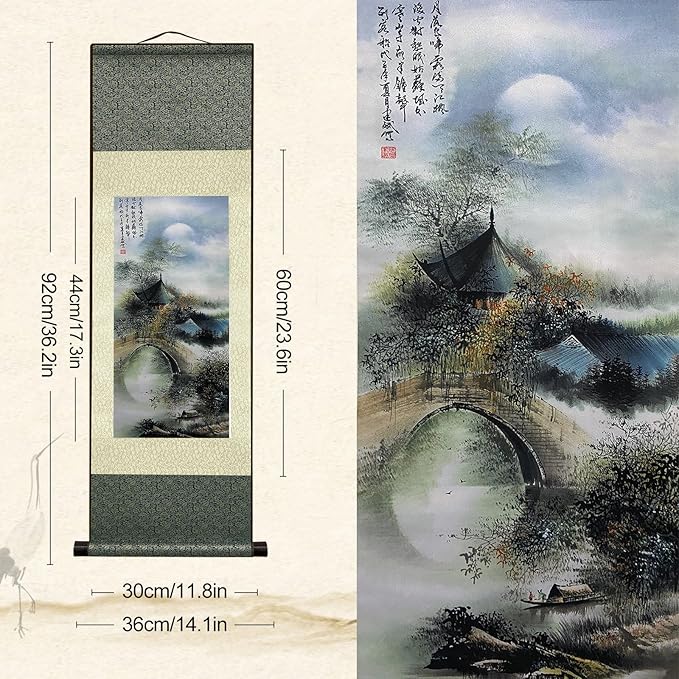 AtfArt 4 Pack Asian Wall Decor Silk Scroll Wall Art - Waterfall River Landscape - Beautiful Oriental Decor - Chinese Art Wall Scroll Hanging (4 Pack)