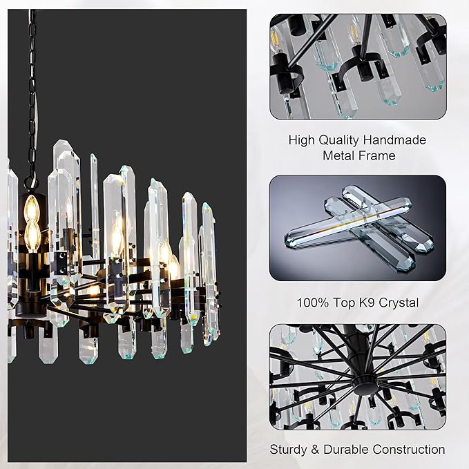 36" Luxury Black Crystal Chandelier, 16-Light Round Modern Chandelier for Dining Room, Adjustable Chain Chandelier Pendant Light Fixture for Living Room, Bedroom, Kitchen Island, Foyer, Entryway