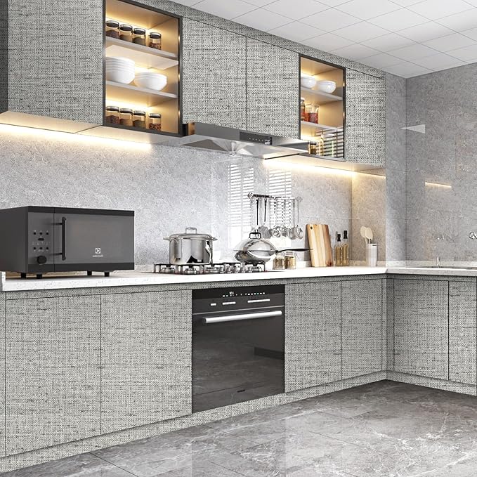 15.75"x787.4" Gray Grasscloth Wallpaper Peel and Stick Removable Textured Wall Paper Self Adhesive Contact Paper Faux Linen Cabinets Drawers Bookshelves Thickened Waterproof Shelf Vinyl Roll