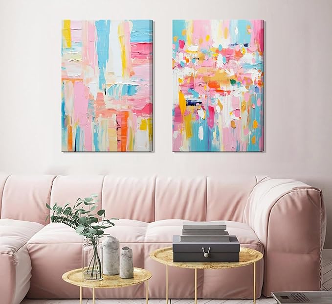 2Pcs Framed colorful abstract Wall Art College style girl art posters prints Modern Pastel texture Pictures Paintings Wall Decor for Girly Dorm Bedroom Living Room Decoration