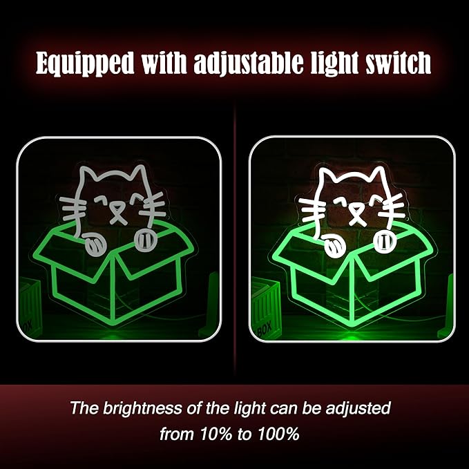 Cat Neon Sign with Usb Power Dimmable Green White Cat Box Led Light Sweet Kitten Led Sign for Bedroom Cafe Pet Shop Nursery Wall Decor(12.6 * 12.6 in)