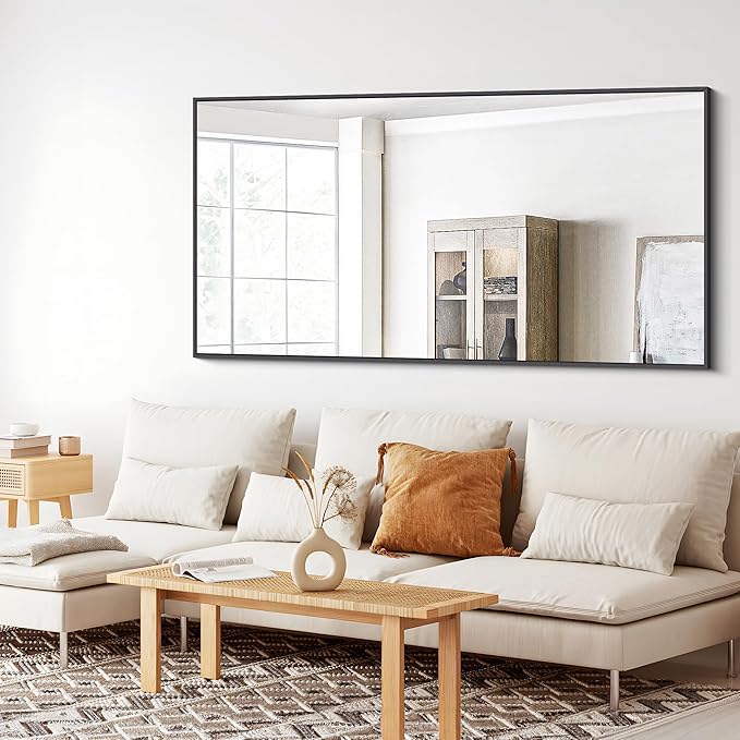 BONEWEI Bathroom Mirror, 30x55 inch Wall Mirror for Bathroom Wall Mounted Black Rectangle Square Corner Mirrors, Black Bathroom Mirror for Living Room, Farmhouse, Bedroom Entryway, Horizontal/Vertical