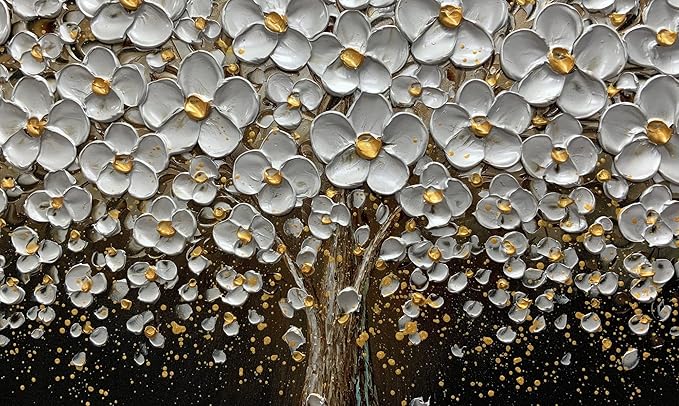 Art8YuQi Paintings - Contemporary Abstract Art Oil Painting On Canvas Texture 3D Silver Tree Gary Painting Handmade Artwork Picture Canvas Wall Art Modern Home Decor living room Ready to Hang