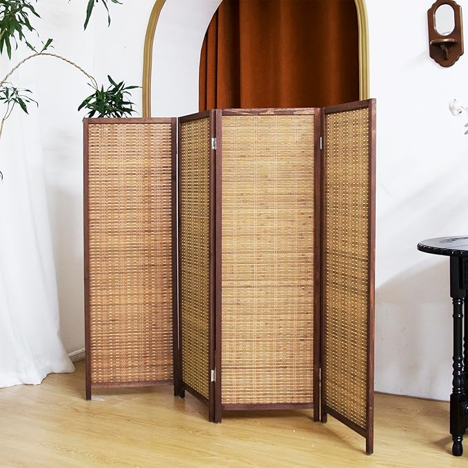 4 Panel Short Panel Divider Screen,3.95 FT Tall Bamboo Room Divider Folding Privacy Screen,Short Panel Divider Freestanding Room Divider for Room Seperation,Brown